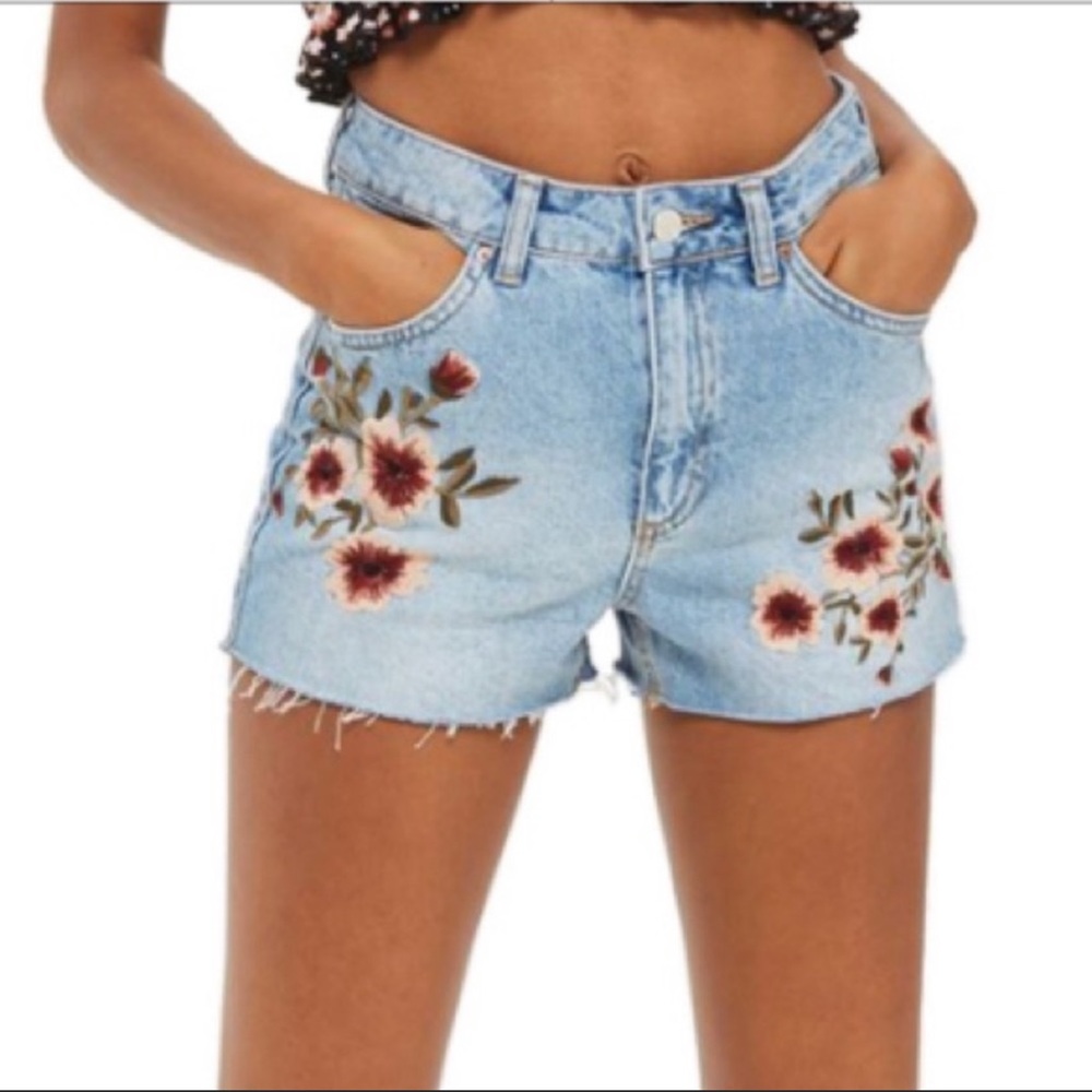 Topshop Blossom Embroidered High Rise Mom Shorts